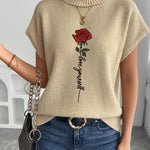 Women's Casual Rose Print Sleeveless Knit Vest - Elegant Beige Sweater with High Neckline and Stretchy Fabric, Perfect for Spring/Summer/Fall