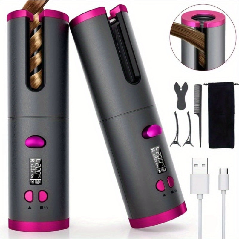 Portable Wireless LCD Display Rechargeable Ceramic Heating Antiperm Hair Curlers Automatic Electric Power Source Curling Irons