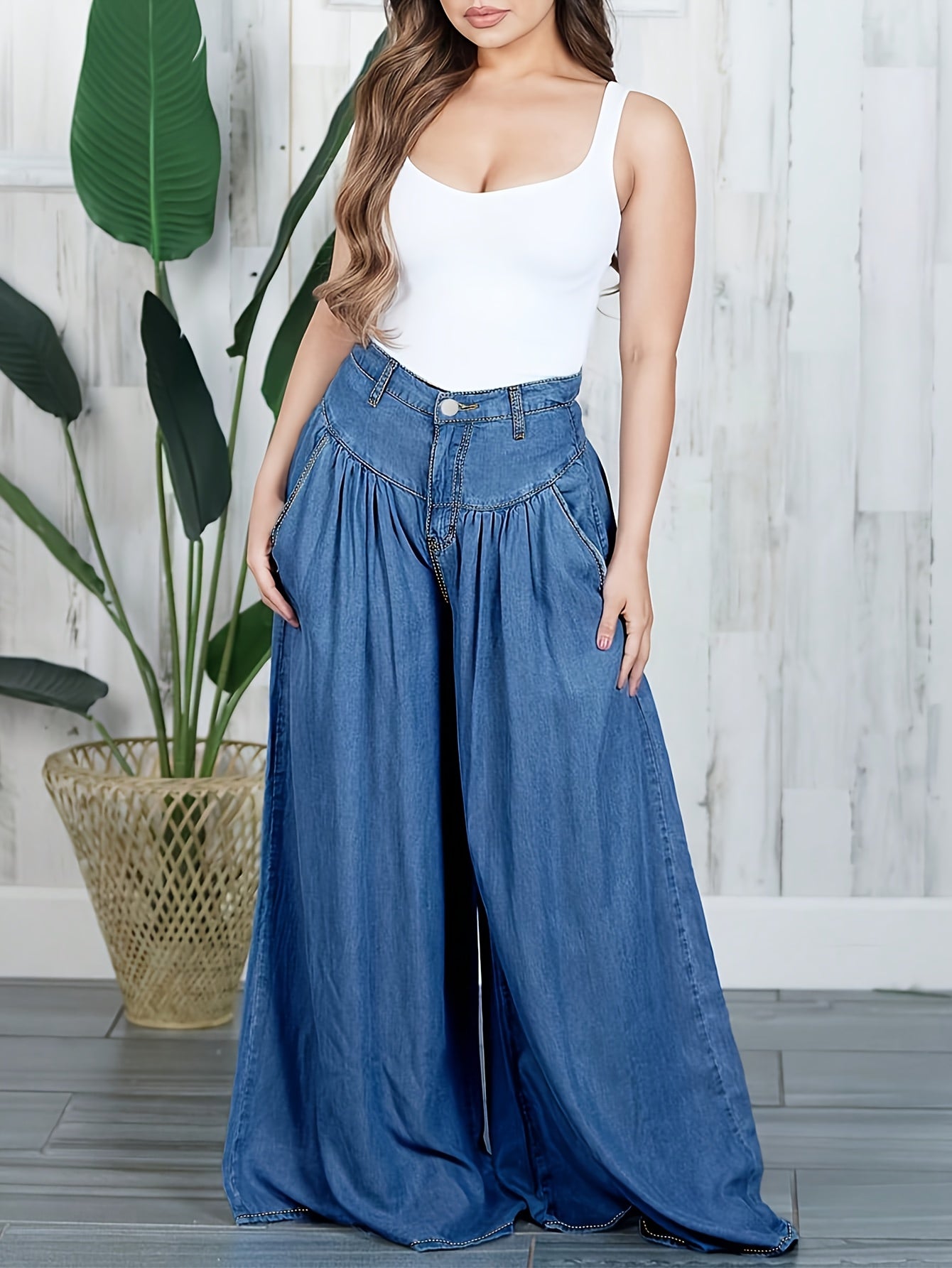 Solid Color Loose Pleated Women's Denim Bell Bottom Pants