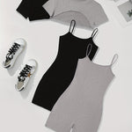2-Pack Casual Shorts Set - Crew Neck Crop Top, Simple Cami Romper Jumpsuit - Soft Mid-Elasticity Polyester, Machine Washable, Solid Color, Knit Fabric, Perfect for Summer, Womens Clothing