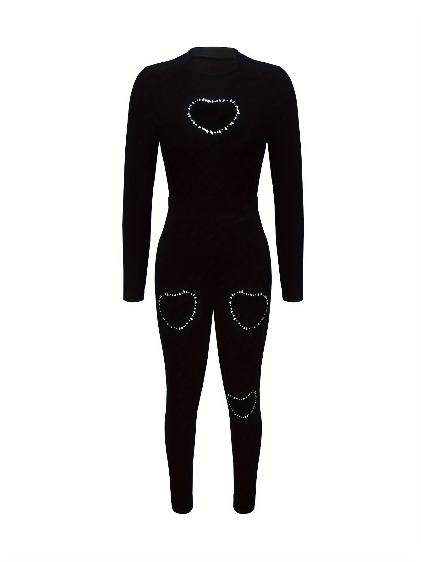 Stretchy Polyester Blend Chic Rhinestone Heart Crop Top & High-Waist Pants Set - Long Sleeve, Perfect for Fall/Winter
