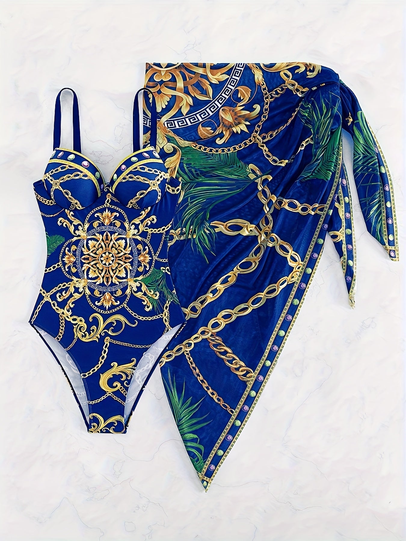 Chain Print Elegant 2 Piece Swimsuits, V Neck Push Up Spaghetti Strap One-piece Bathing-suit & Cover Up Skirt - For Women - Summer Beachwear - Perfect Gift for Vacation