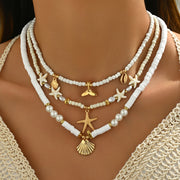 3pcs/set Bohemian Scallop Starfish Fish Tail Imitation Pearl Soft Clay Rice Bead Stacked Necklace Suitable for Women's Daily Matching in Autumn and Winter