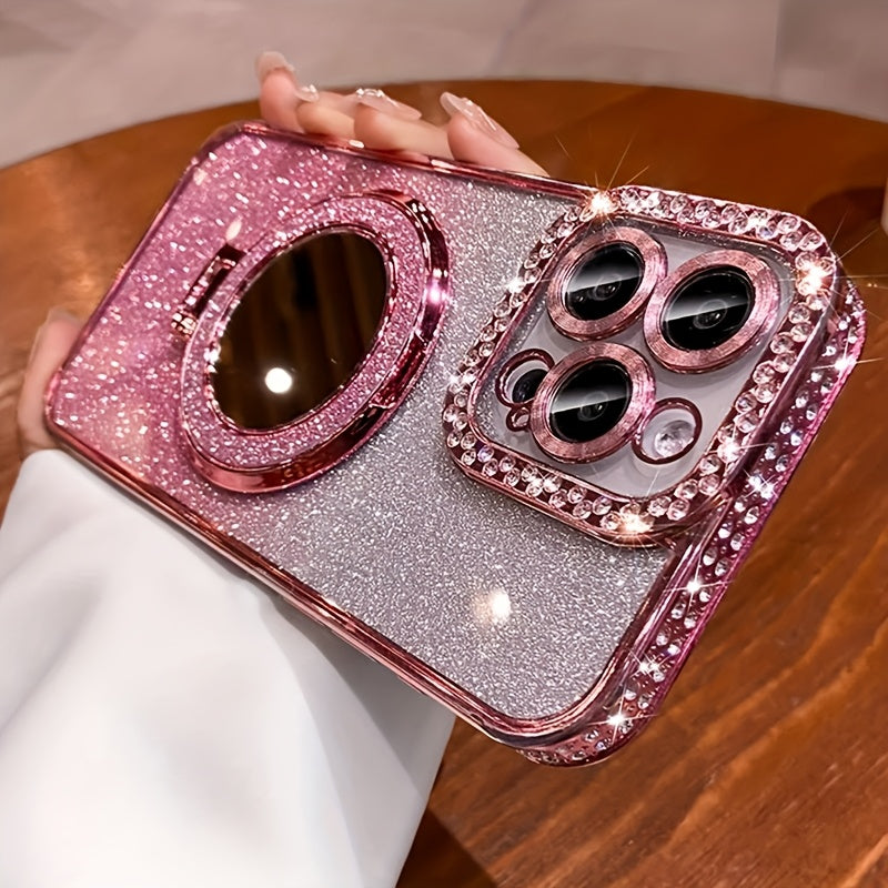 New Luxury Premium Flash Double Row Diamond Mirror Magnetic Stand Full Lens Phone Case for Apple iPhone 16 15 Promax 14 Plus 13 Pro 12 11 Pro Max/Niche Transparent Anti-drop Soft Adhesive Protection Back Cover/boyfriend And G