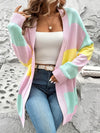 Women'S Casual Cardigan Sweater, Mid-Length, Comfortable Long Sleeves, Colorful Stripes, Perfect for Pairing with Jeans, Leggings, Trousers, Shorts, Boots, or Sneakers, Casual Fit, Striped Pattern, Ribbed Detailing