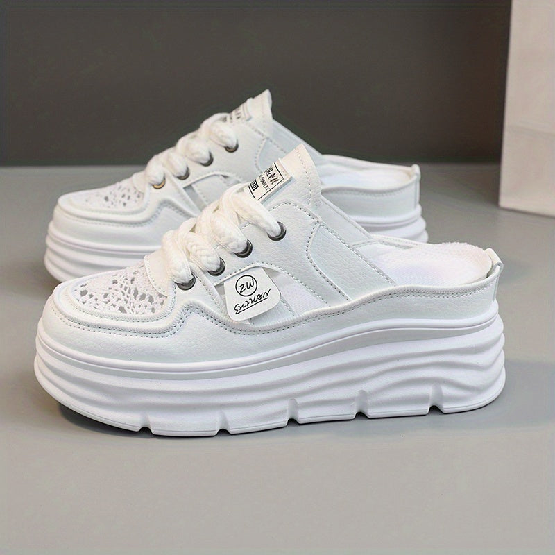 Comfortable Breathable Women's Platform Mule Sneakers, Casual Cutout Design Lace Up Summer Shoes