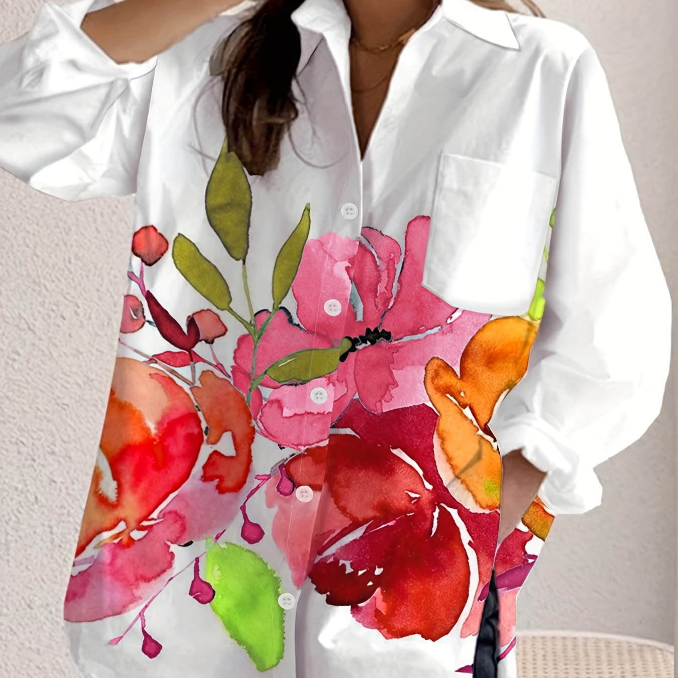 New Women'S Casual Ink Painting Printed Button-Up Long Sleeve Shirt