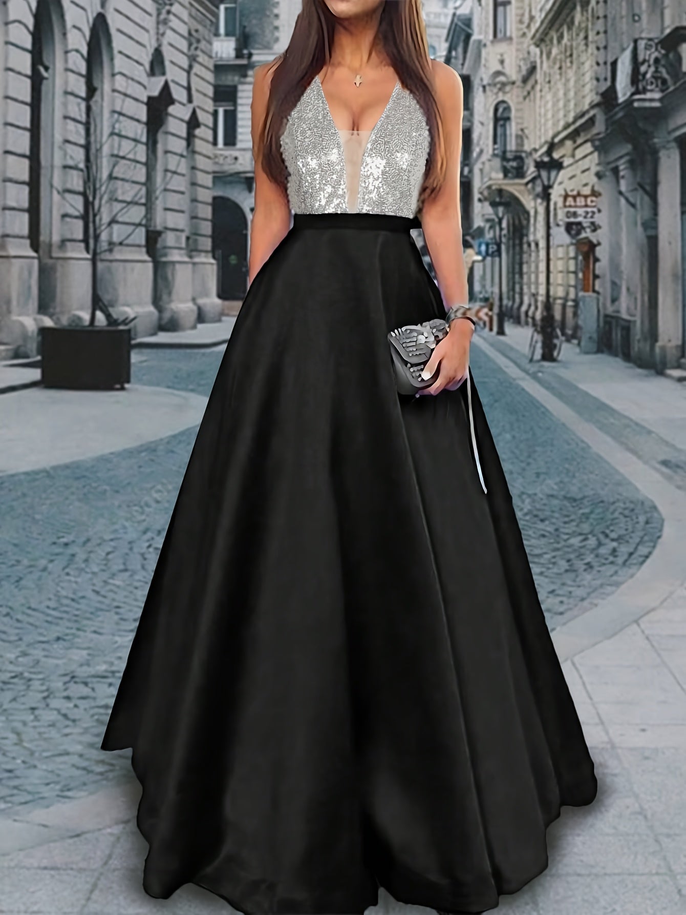 Women's Elegant Sleeveless Deep V-Neck Sequin & Satin Evening Gown - A-Line Mermaid Formal Dress with Super Long Train for Weddings, Galas & Special Occasions, Wedding Guest Attire | Sequined Bodice