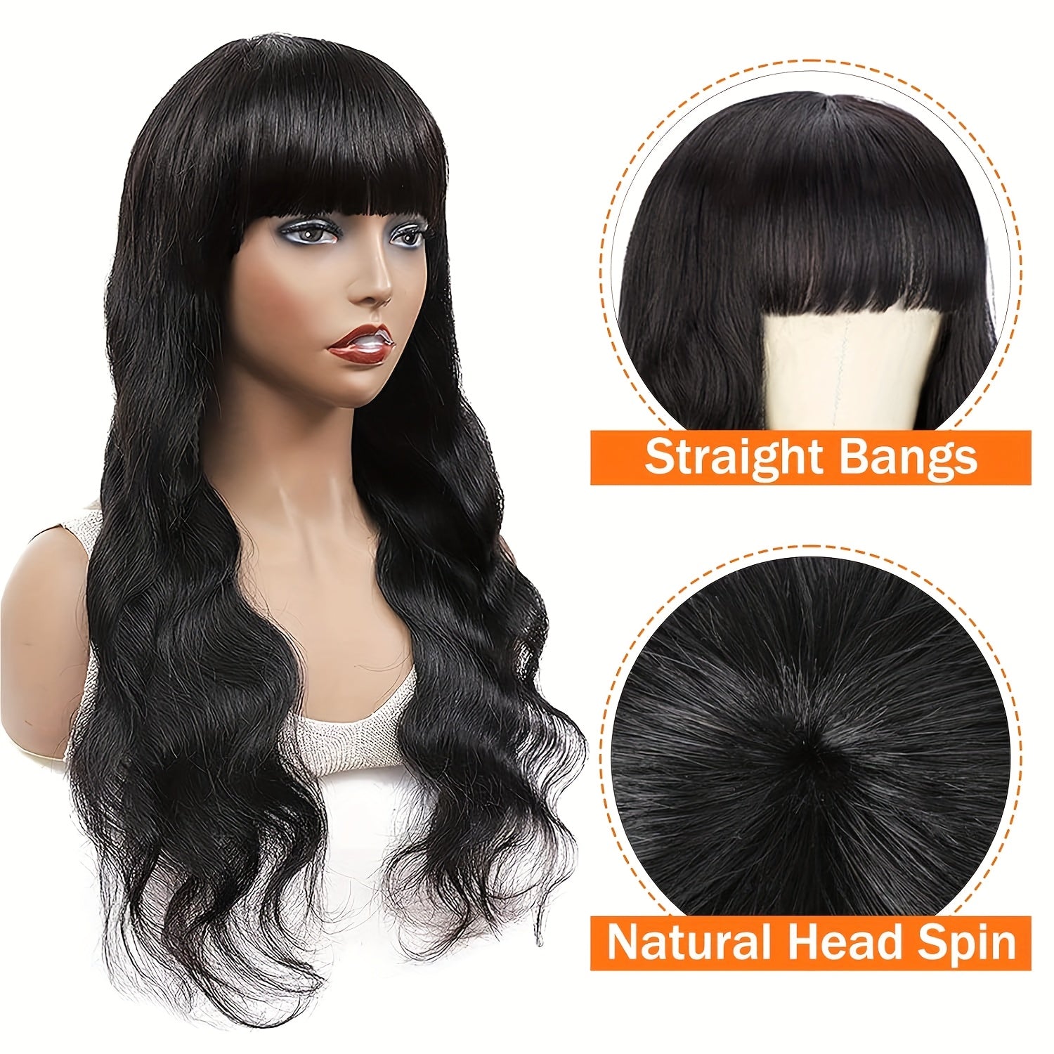 Human Hair Wigs With Bangs Body Wave 230% Density Full Machine Made Human Hair Wigs For Women Girls None Lace Front Wigs Glueless Scarf Wigs With Bangs Natural Color Christmas New Year'S Gifts