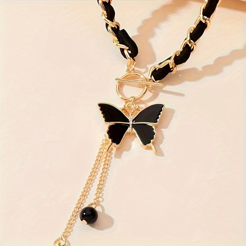 Ladies' Black Pendant Necklace, Bohemian Elegant Style, Necklace with Tassel Pendant, Collarbone Chain Jewelry