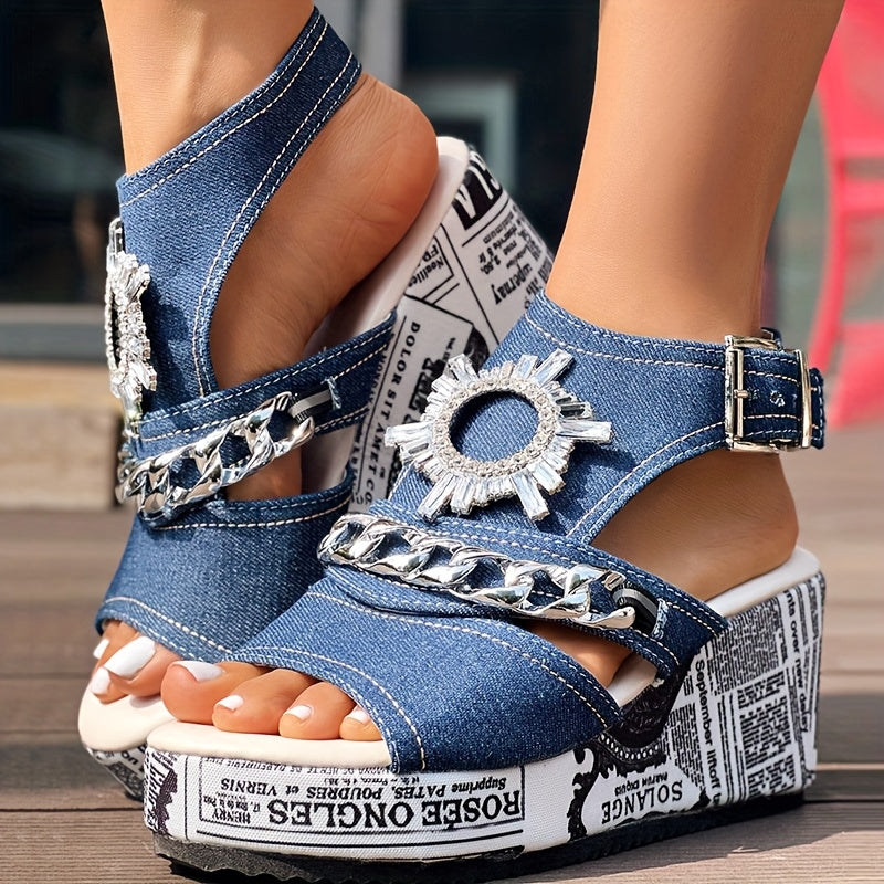 Newspaper Buckle Denim Wedge Slippers - Without Anklet