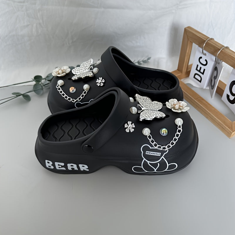 [Women's Cartoon Bear Mules Clogs] Casual Cartoon Bear Pattern Mules & Clogs for Women, Breathable EVA Platform Heel Clogs with Bow Embellishment, Versatile Indoor/Outdoor Fashion Footwear - Quanzhou Manufactured