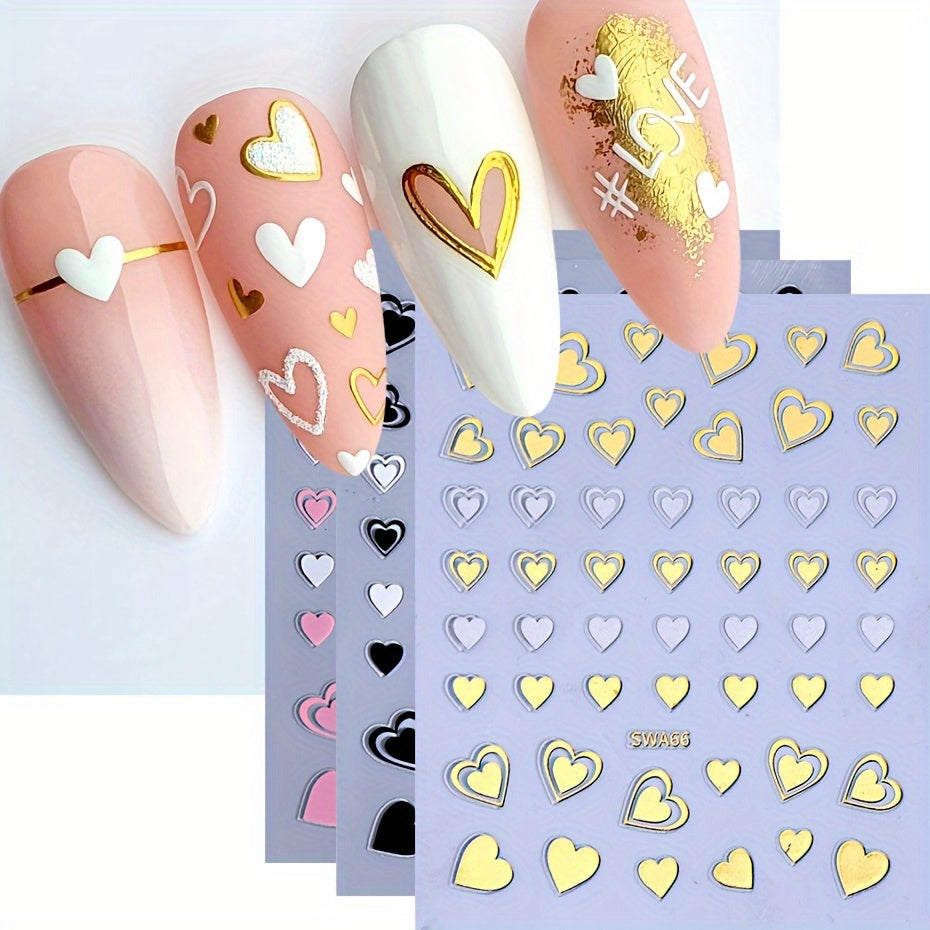 8pcs Rectangle Self-adhesive Glossy Plastic Nail Stickers, Pink Black White, Heart Pattern, Valentine Design, Golden Geometry Wave Lines Stripe Stars, Fantasy Theme, with Glitter, for Manicure Decoration