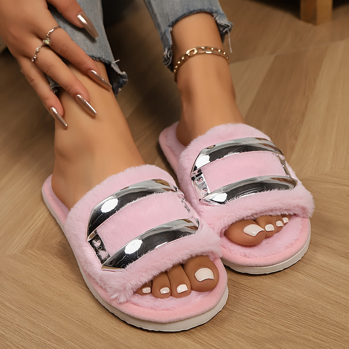 Women'S Black Faux Fur Slippers with Golden Buckle Detail - Soft, Flat Sole, Comfortable Indoor House Shoes for Spring, Summer, and Fall, Seasonal Fashion, Home Slippers