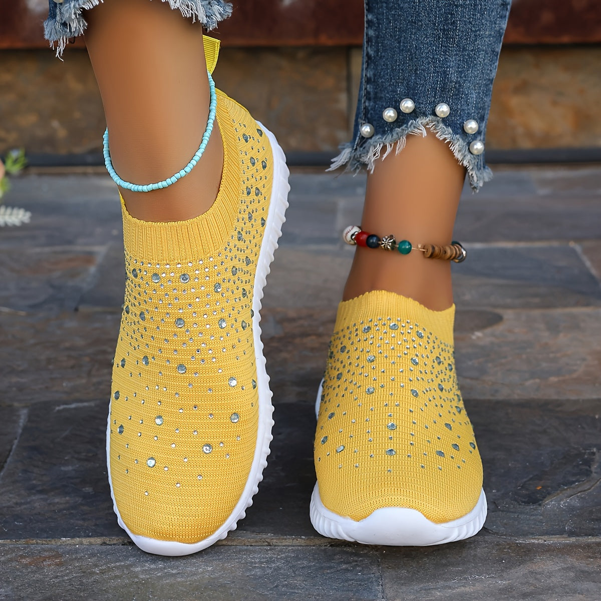 Women's Walking Sneakers With Rhinestone Decor, Breathable Fabric Casual Shoes, Comfortable Athletic Camp Shoes, Slip-on Trainer Footwear With Chunky Sole