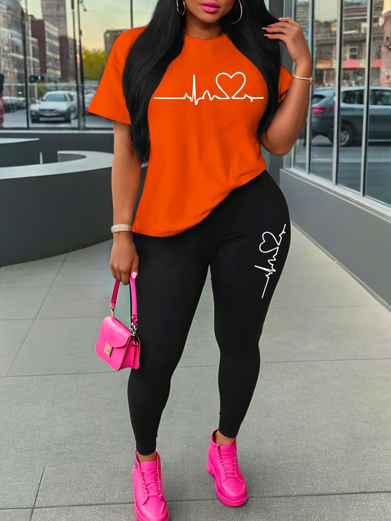 Women'S Love Heart Print Two-Piece Set, Casual Crew Neck Short Sleeve T-Shirt and Knit Polyester Leggings, All-Season Comfort, 96% Polyester 4% Spandex, 180gsm - Red