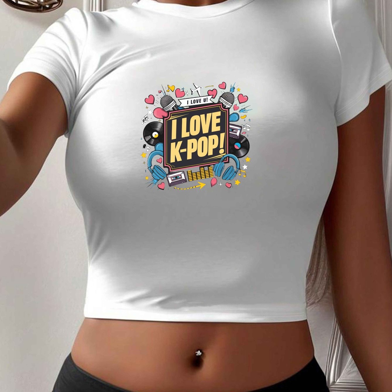 I Love K-Pop" Women's Y2K Fashion Crop Top T-Shirt - Vibrant Graphic Print, Soft Polyester & Spandex Blend, Stretchy, Machine Washable, Round Neck, Short Sleeve, Cute Shirts