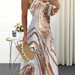 Women's Elegant Marble Print 3D Cami Maxi Dress - Sleeveless, Crew Neck, Flowing Design in White, Golden & Brown, Perfect for Casual Outings & Vacations, Chic Dress