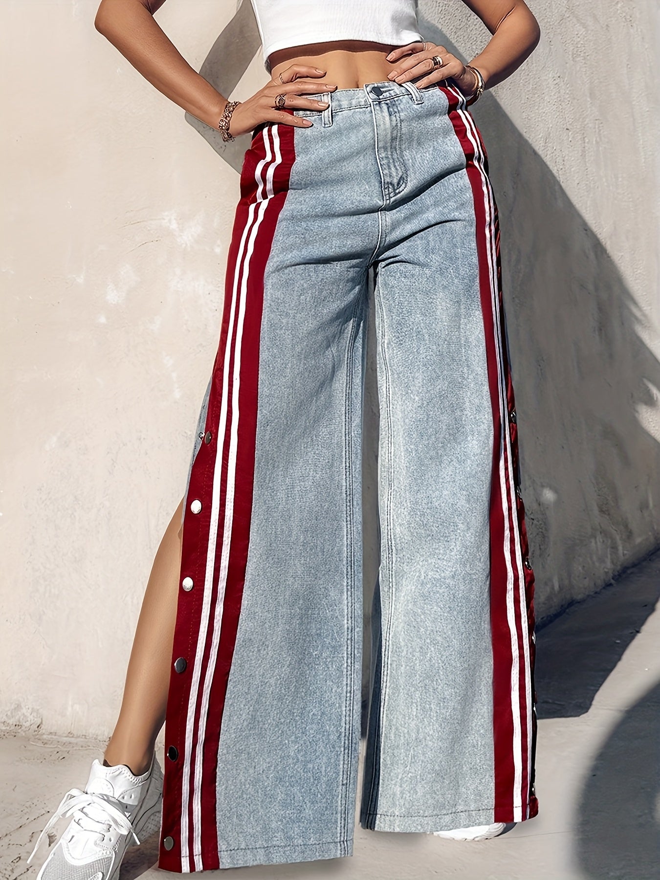 Striped Spliced Button Wide Leg Jeans