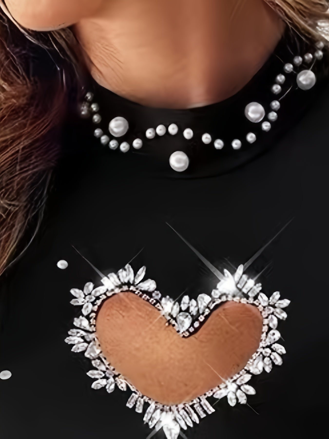 Viscose Blend Top for Spring/Summer, Casual Chic Top|Trendy Women's Black Knit Sweater with Sparkling Heart Design - Chic Long Sleeve, Round Neck, Lightweight Viscose Blend Top for Spring/Summer, Casual Chic Top|Trendy Women'