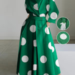 Women'S Elegant Long-Sleeve V-Neck Polka Dot Dress - White with Black Dots, Pencil Fit, Perfect for Spring/Summer/Fall, Casual Attire|Pencil Fit Dress|Vneckline Dress