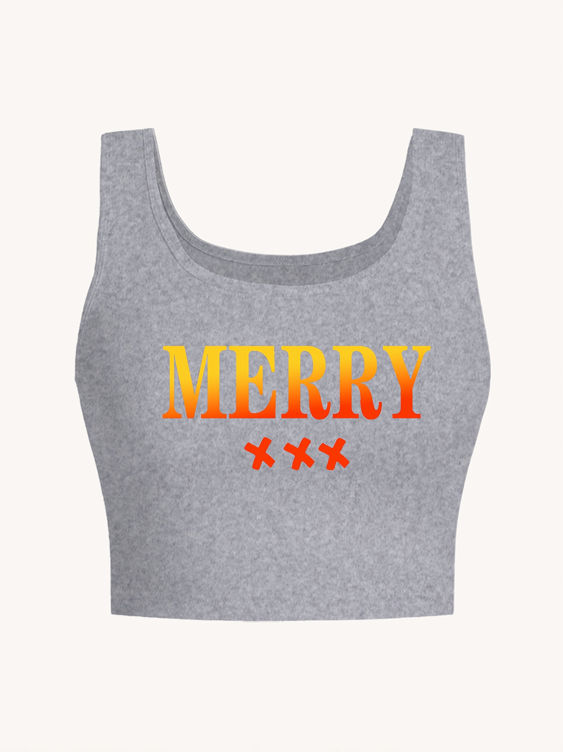 Women's Sexy Deep Scoop Neck Seamless Cropped Tank Top - Soft Stretch Letter Print Yoga Top for Spring Summer Fall, Breathable Casual Wear & Gym Workout Shirt, Curvy Plus Tank Tops, Seasonal Fashion, Offshoulder Fashion, Smoo