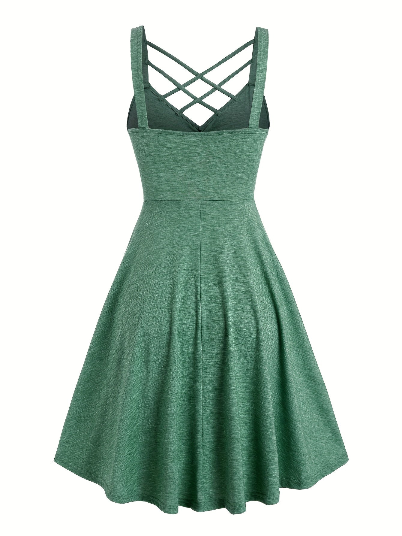 [Ruched V-neck Tank Dress] Button Decor Ruched V-neck Tank Dress, Versatile Sleeveless Criss Cross Dress For Spring & Summer, Women's Clothing