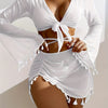 Tassel Decor 4 Piece Set Bikini - Triangle Halter Neck High Cut With Long Sleeves Cover Up Shirt & Skirt Swimsuits - Women's Swimwear & Clothing - For Summer Beach Vacations - Perfect Gift for Women