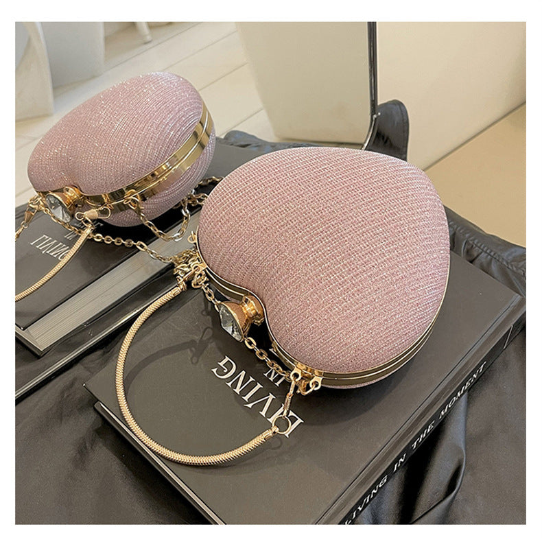 Ladies Fashion Shining Chain Crossbody Bag, Elegant Shoulder Heart Shaped, Metal Embellished, Black, with Buckle Closure, for Party, Wedding, Date