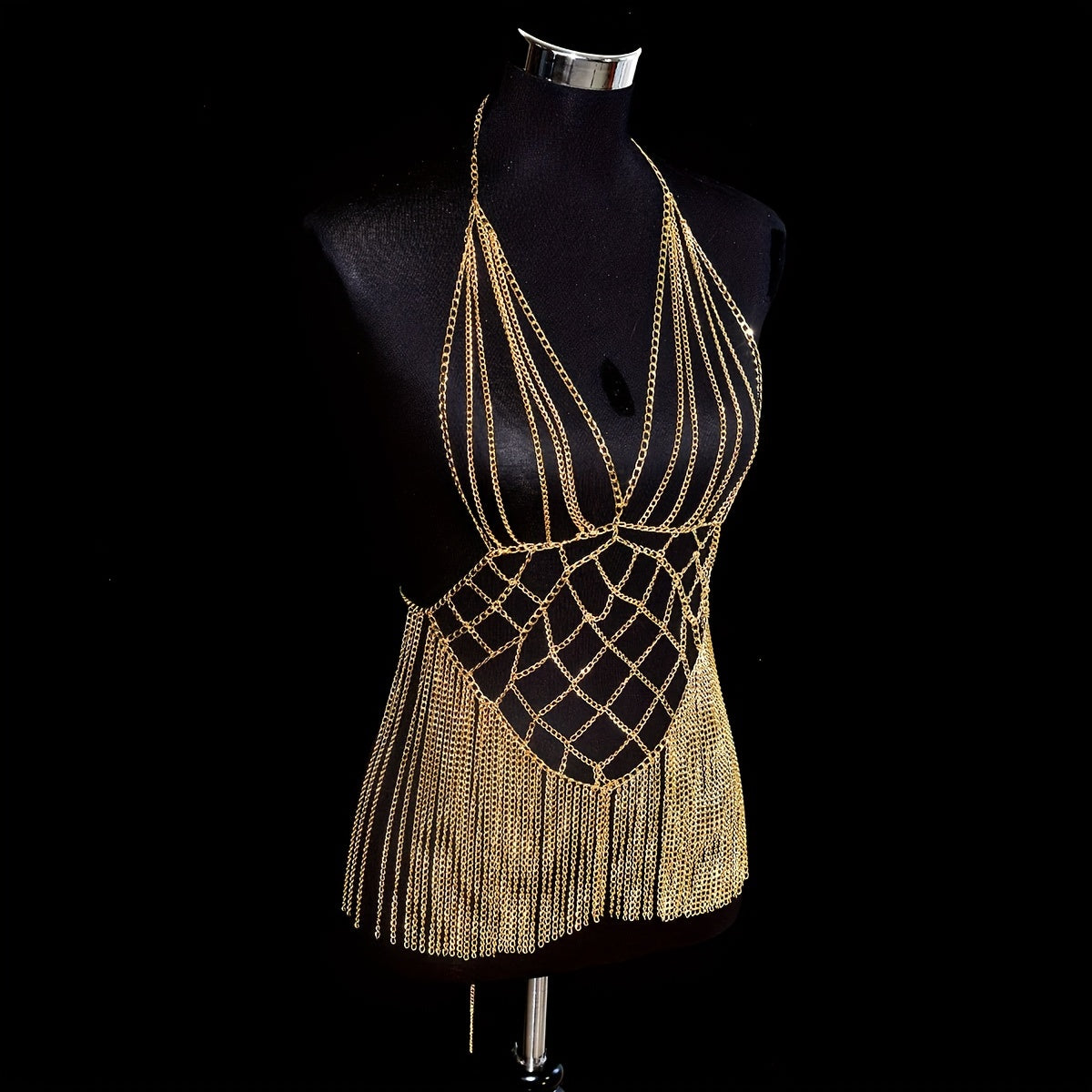 Elegant Golden-Tone Fringe Body Chain with Sparkling Bra Detail - Sexy Aluminum Alloy Party & Festival Accessory, Perfect for Nightclubs and Streetwear Fashion