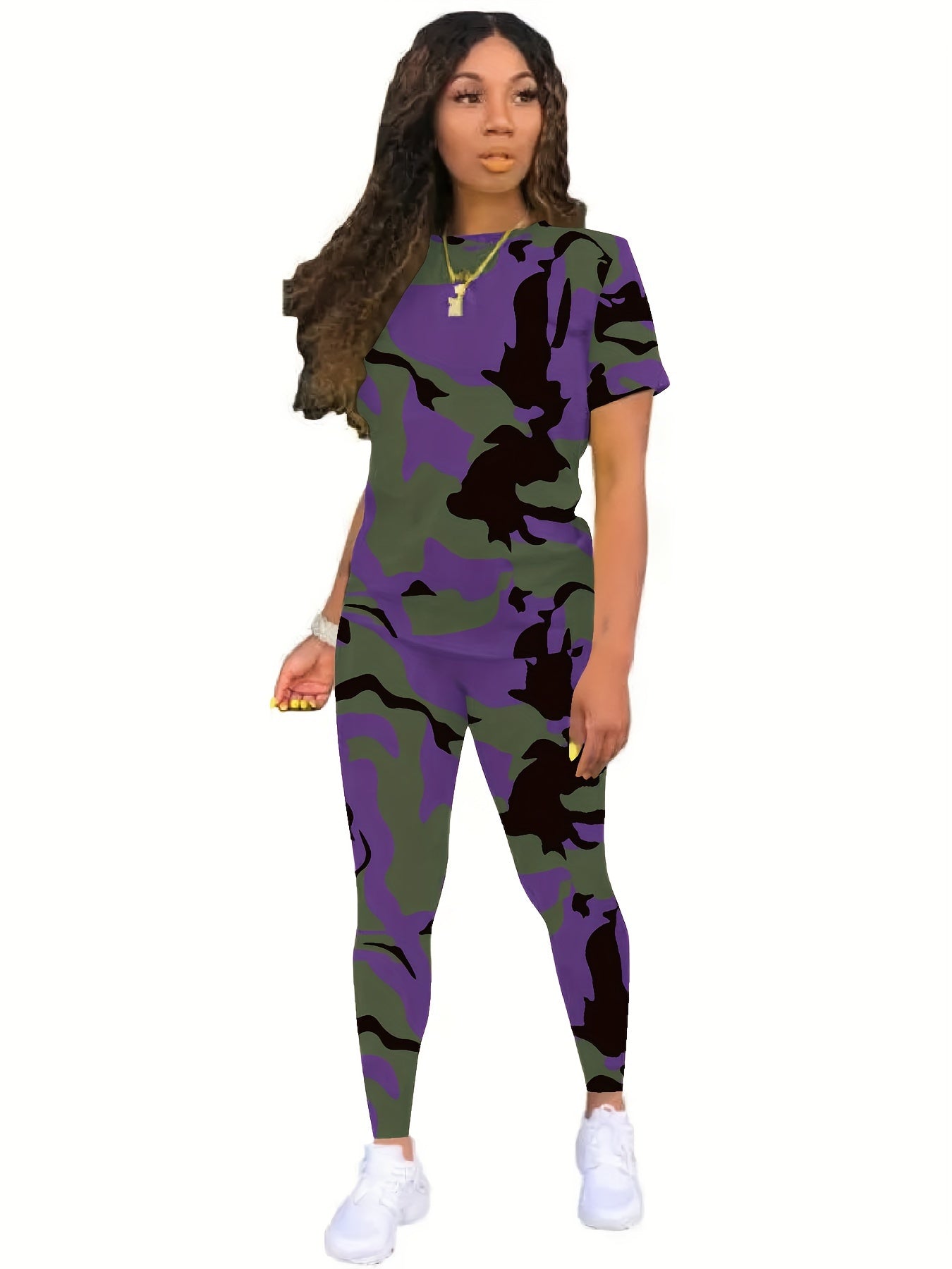 Camo Print Two-piece Set, Casual Crew Neck T-shirt & Skinny Pants Outfits, Women's Clothing