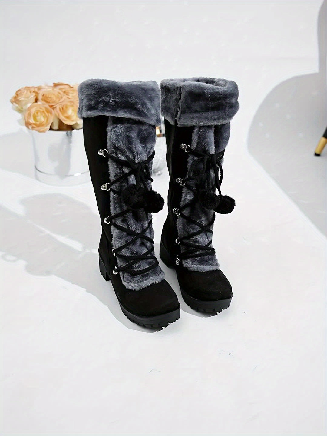 Warm Mid-Calf Winter Snow Boots - Elegant Women's Fur-Lined Knight Boots with Chunky Heel, Pom-Pom Accents & Side Zipper - Cozy Thermal Insulated Riding Boots for Cold Weather
