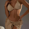 Women'S Sexy Bikini Set, 3pcs Knit Fabric Swimsuit with Lace-Up Detail, 95% Polyester 5% Elastane, Medium Stretch, Solid Color, 165g/m² - Summer Beachwear