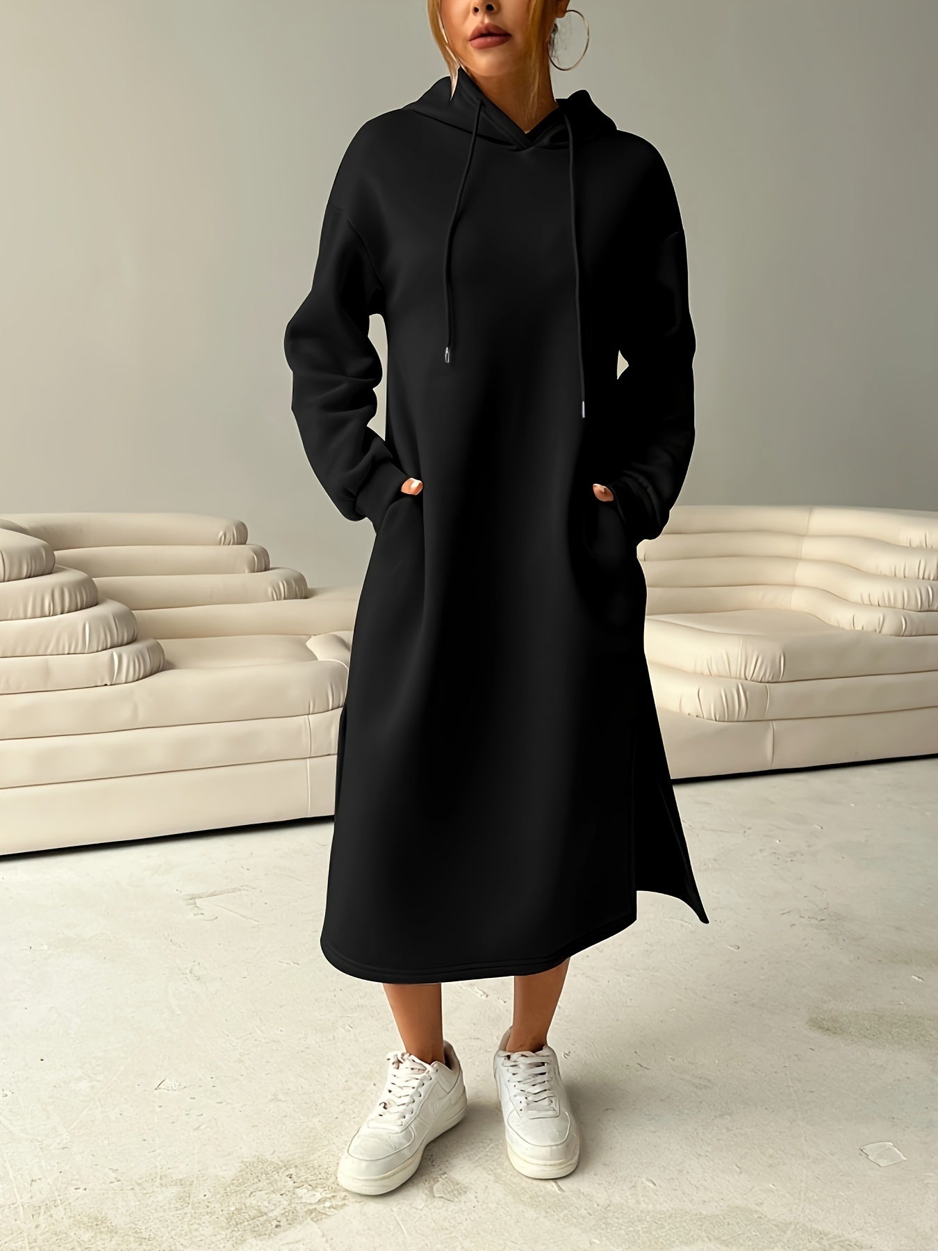Cozy Letter Print Drawstring Hooded Sweatshirt Dress - Women's Casual Long Sleeve Loose Fit Clothing for Fall & Winter, Soft and Warm Fleece Lined Dress with Adjustable Drawstring Waist