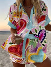 Spring/Summer Women's Beach Vacation Style Love Color Block Print Top + Shorts Set