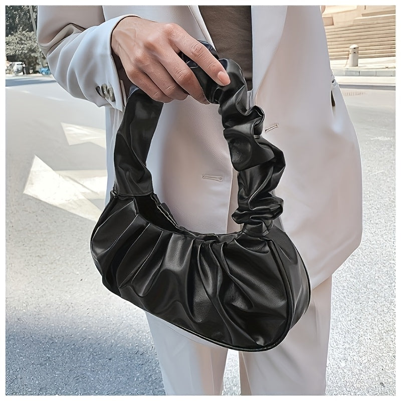 Chic Women's Pleated Shoulder Bag - Cloud-Inspired, Zip Closure, Solid Color White Fashion Handbag for Everyday Use