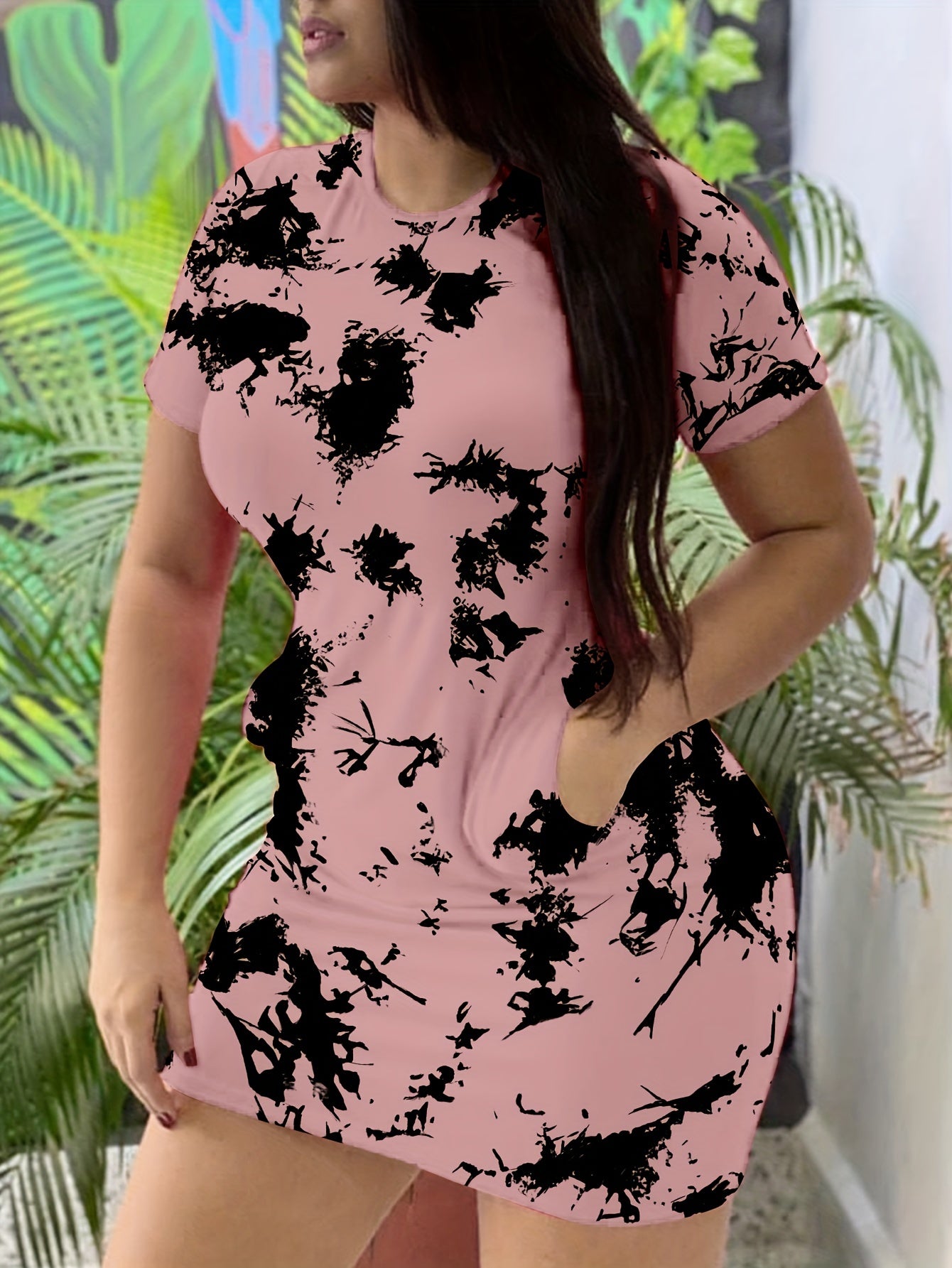Women's Elegant Tie-Dye Print Short Sleeve Dress - Casual Round Neck Fitted Flared Skirt with Pockets, Machine Washable Pink & Black Summer Dress for Spring/Fall, Spring Fashion | Tiedye Pattern Dress | Comfortable Fabric