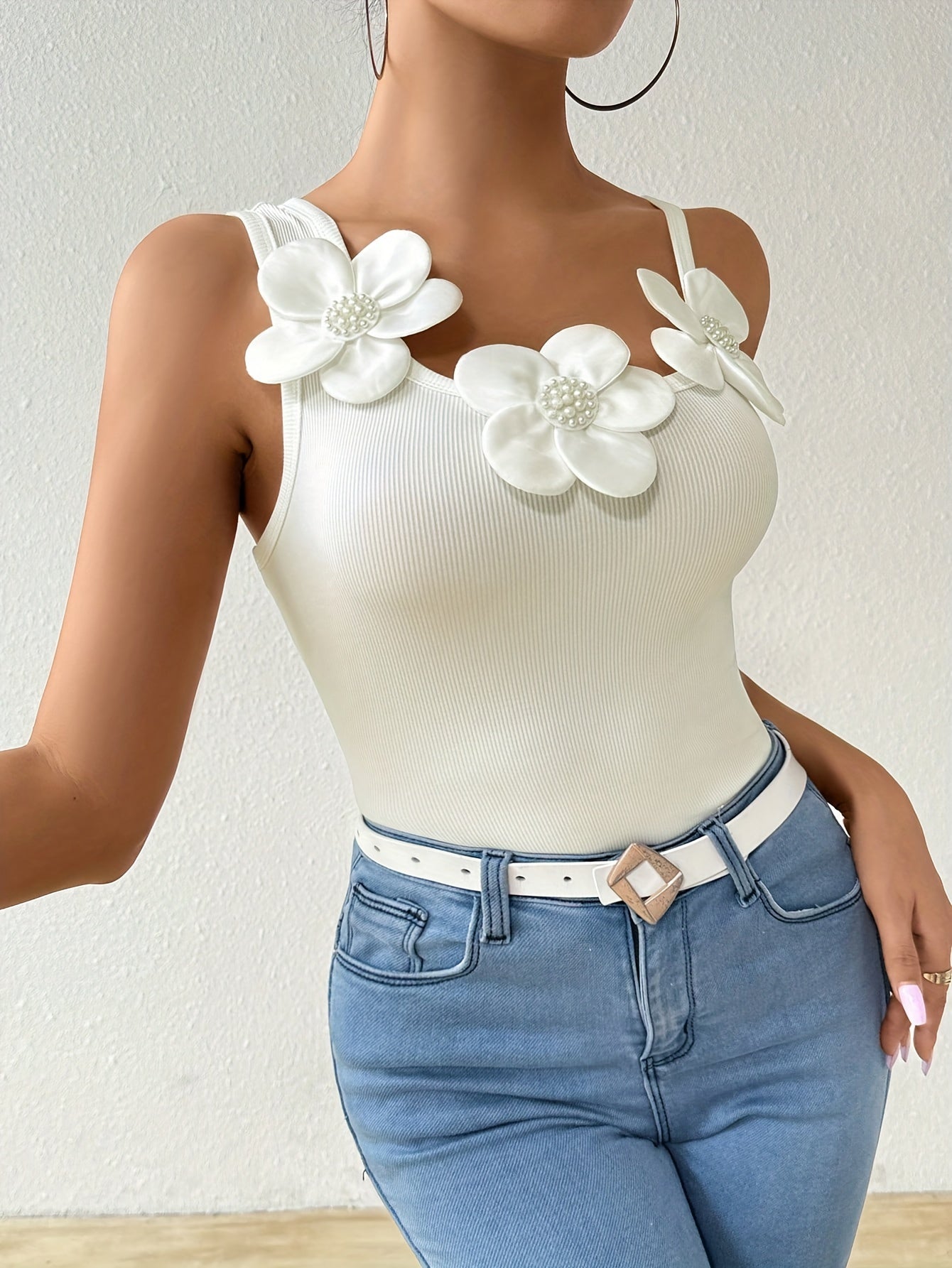 Stunning 3D Floral Applique Camisole - Sleek Asymmetrical Strap, Sleeveless, Breathable, Comfortable, Stylish Top for Spring & Summer - Women's Fashion Clothing for Everyday Wear