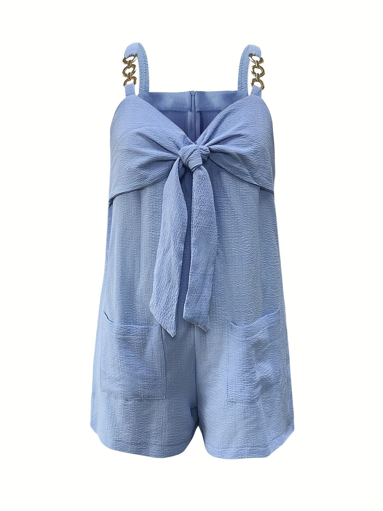 Vibrant Solid Color Polyester Elegant Vest Romper Jumpsuit - Sleeveless Collarless Chain Strap Design, Dual Pockets, No Elasticity, Woven, Perfect for Summer - Womens Casual Clothing
