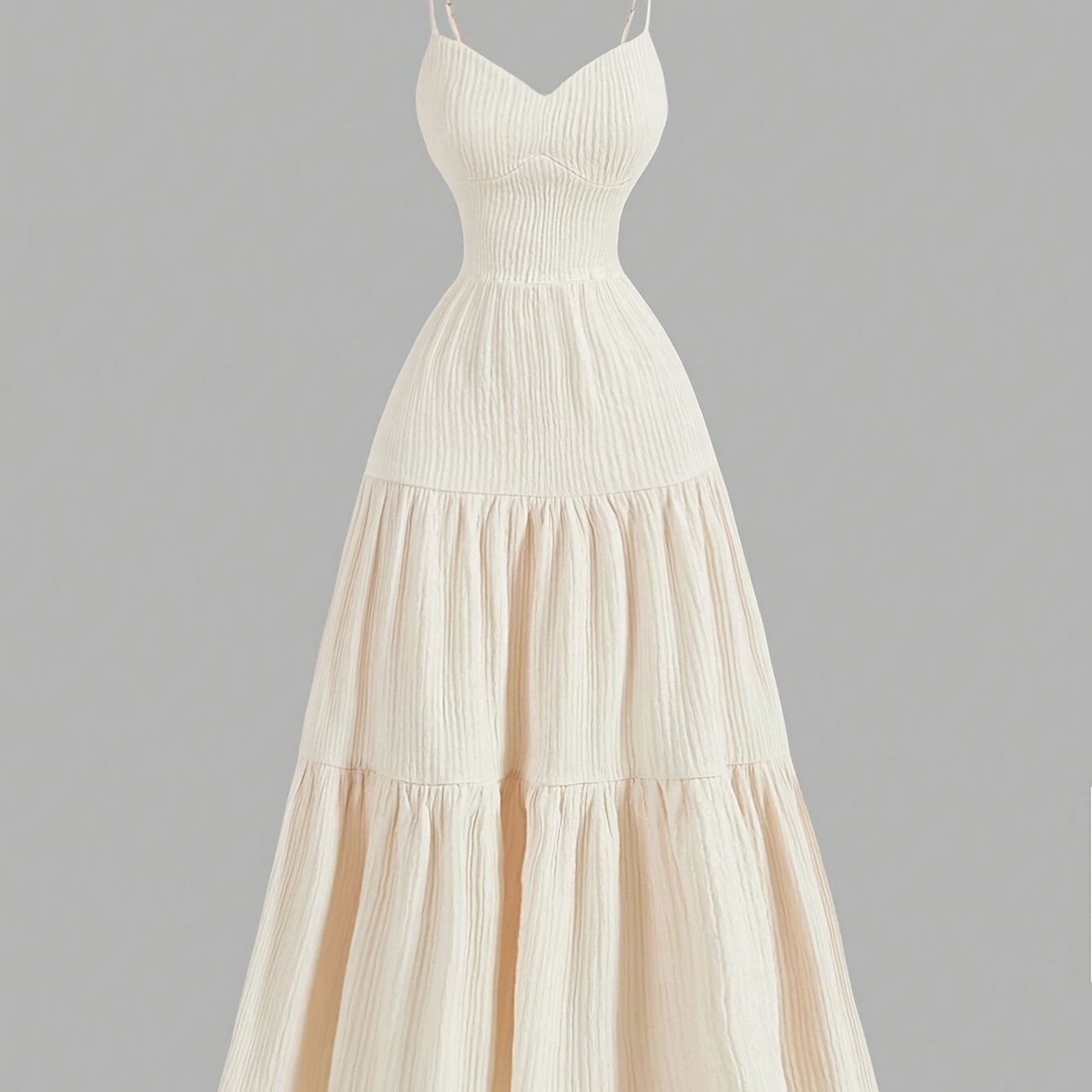 Elegant Apricot Sleeveless V-Neck Midi Dress with Ruffled Waist & Layered Tiered Skirt - Polyester, Machine Washable, All-Season Women’s Fashion