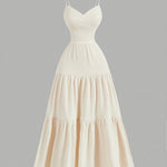 Elegant Apricot Sleeveless V-Neck Midi Dress with Ruffled Waist & Layered Tiered Skirt - Polyester, Machine Washable, All-Season Women’s Fashion