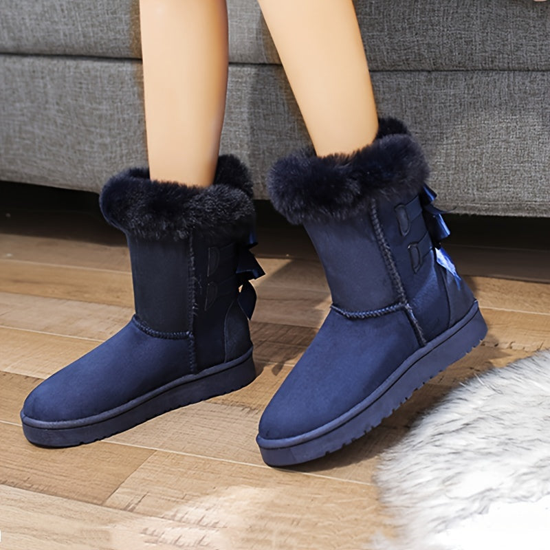 Women'S Mid-Calf Snow Boots with Faux Fur Trim, Round Toe, Non-Slip PVC Sole, Thick Warm Flannel Lined, Solid Color Winter Footwear