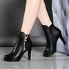Women's Black Faux Cover Ankle Boots with Golden Zipper & Chunky Heel - Stylish Round Toe Platform Booties for Casual Attire
