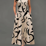 [Maxi Dress with Keyhole Neckline] Elegant Sleeveless Maxi Dress for Women, Polyester and Spandex Blend, Knit Fabric, with Keyhole Neckline and Pockets, Abstract Print Design, for Spring/Summer/Fall