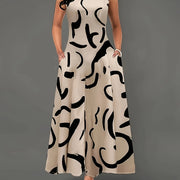 [Maxi Dress with Keyhole Neckline] Elegant Sleeveless Maxi Dress for Women, Polyester and Spandex Blend, Knit Fabric, with Keyhole Neckline and Pockets, Abstract Print Design, for Spring/Summer/Fall
