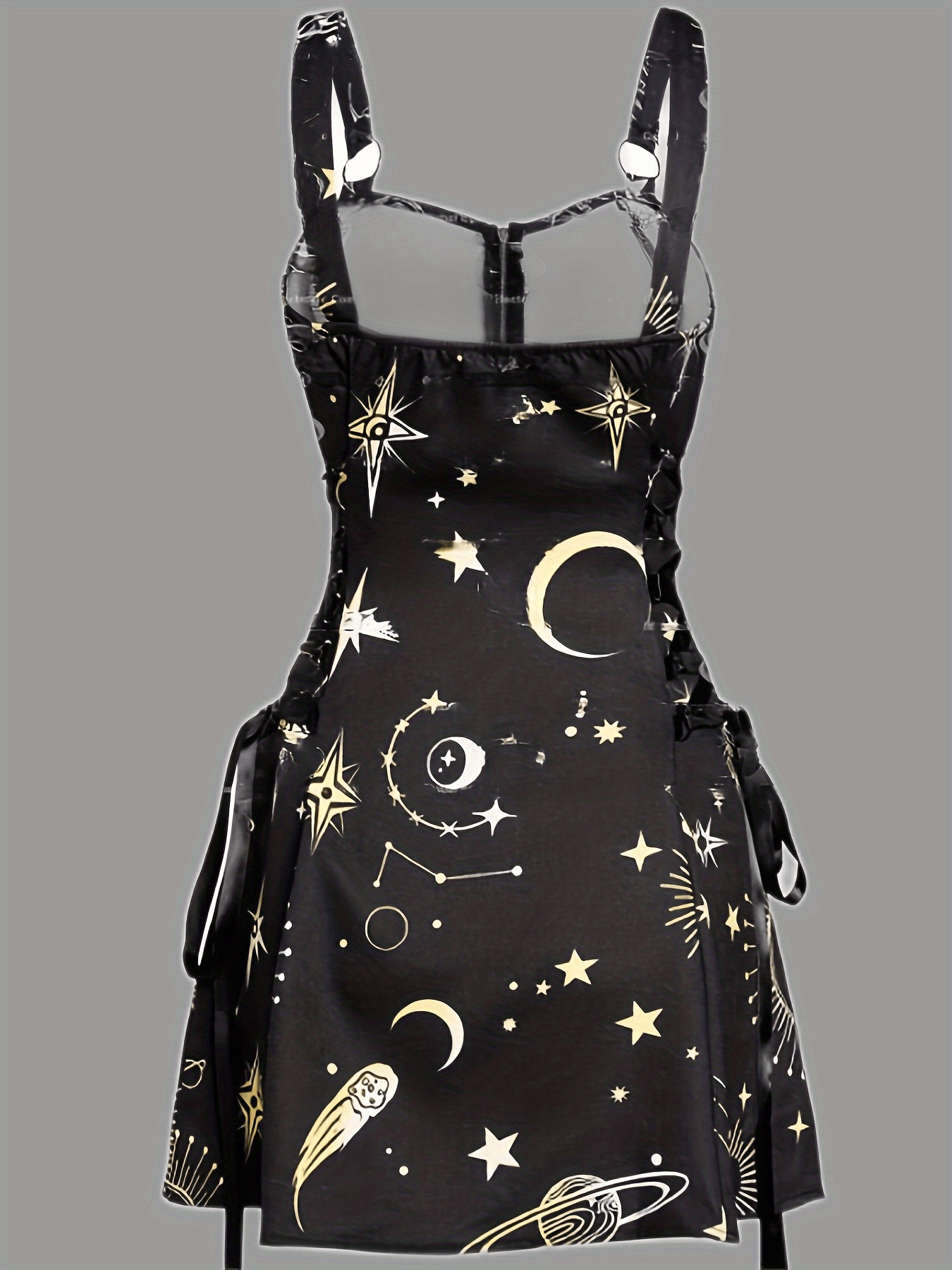 Sun & Moon Print Dress, Casual Ring Linked Backless Dress, Women's Clothing For Party Dressing