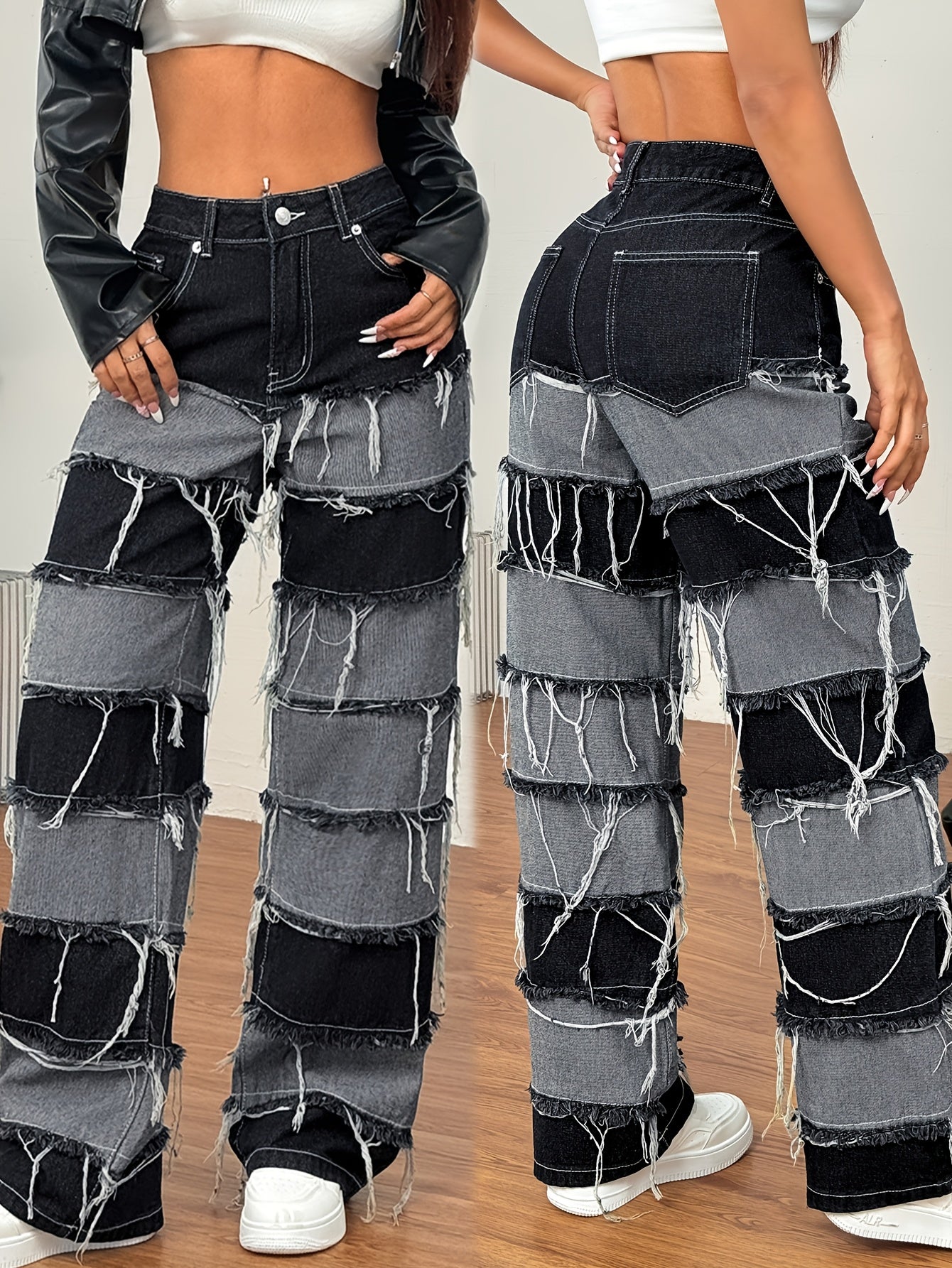 Women'S Patchwork Denim Jeans - Cotton Blend Straight Leg Long Pants, Street Style, Non-Stretch Woven Fabric, with Frayed Hem, Zipper Fly, Pocket Detail, for Casual Weekend Wear