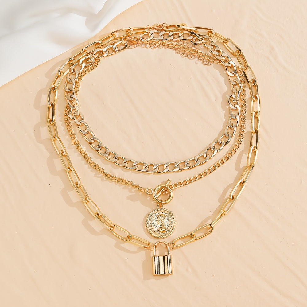 3pcs Vintage Golden Coin Pendant Necklace Set, Simple Alloy Cuban Chain, Women'S Fashion Jewelry for Banquet and Music Festival, Versatile Layering Accessory - All Seasons Compatible