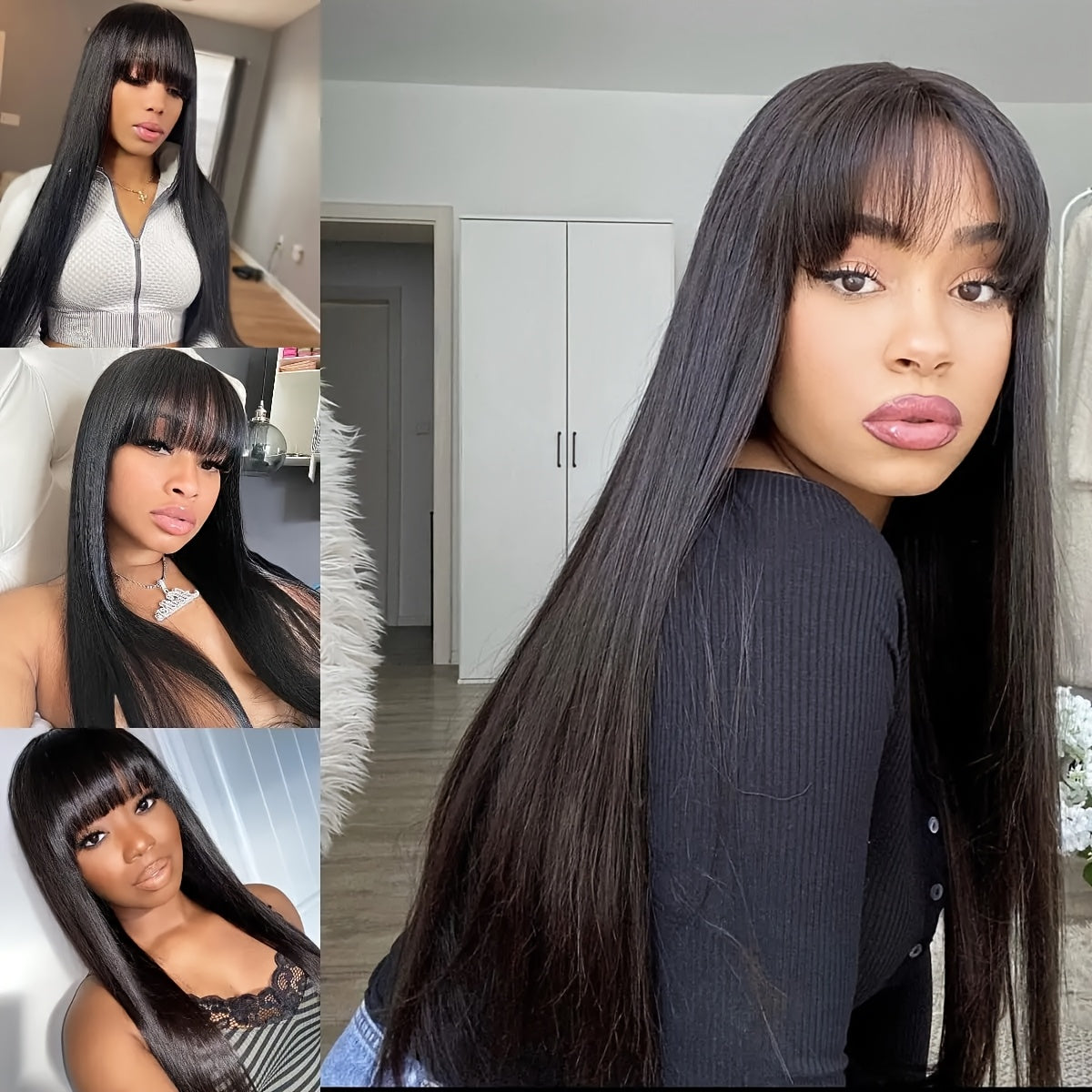 Glueless Bone Straight Wigs with Bangs 100% Long And True Length Human Hair Natural Black Color Wigs for Women Party Gifts Full Machine Made Rose Cap Straight No Glue No Lace Wigs 16inch-40inch