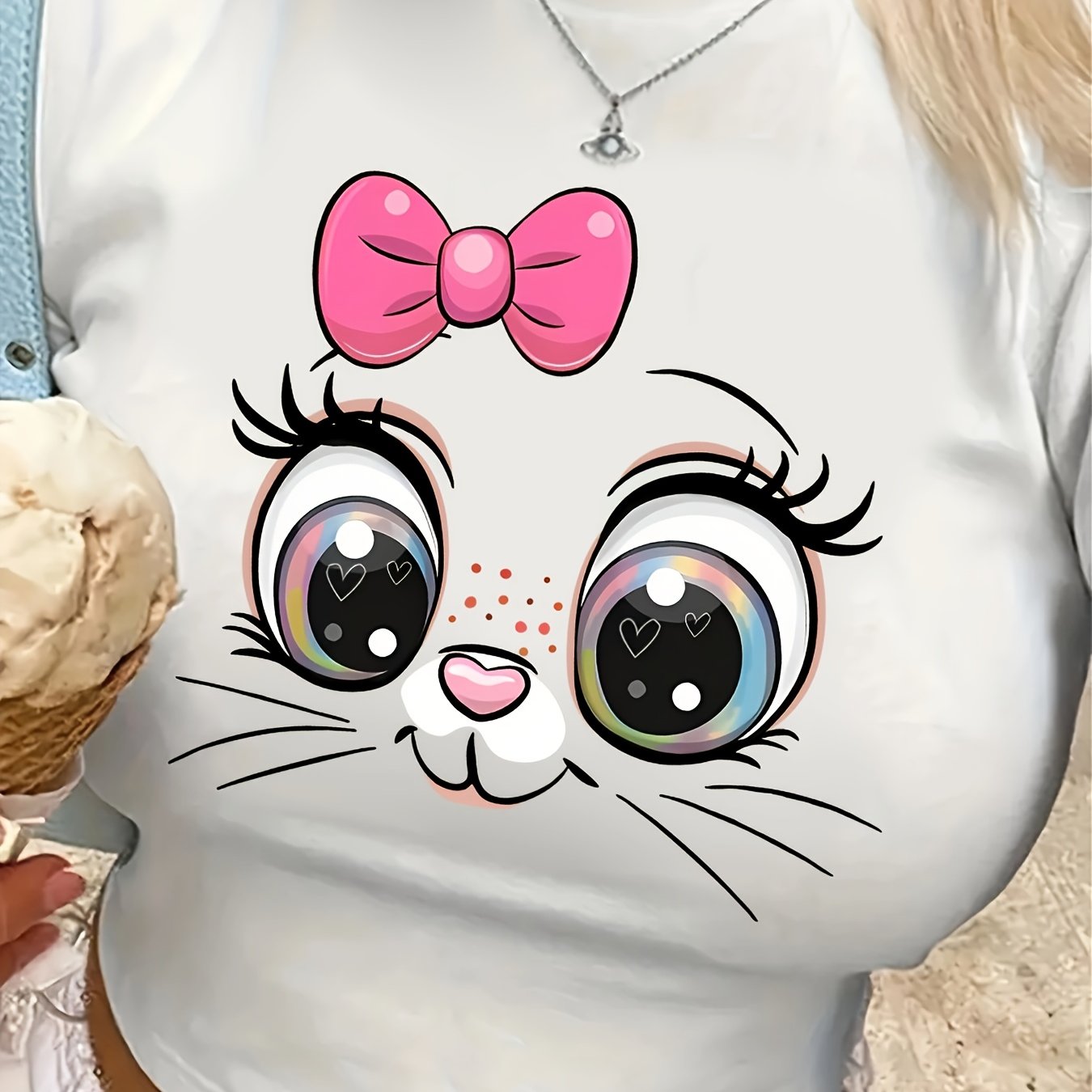 Cartoon Rabbit Graphic Print Cropped Top T-Shirt - Y2K Round Neck Fitted Cropped T-Shirt Made of a Polyester And Spandex Blend (95% Polyester, 5% Spandex) for Spring And Summer.